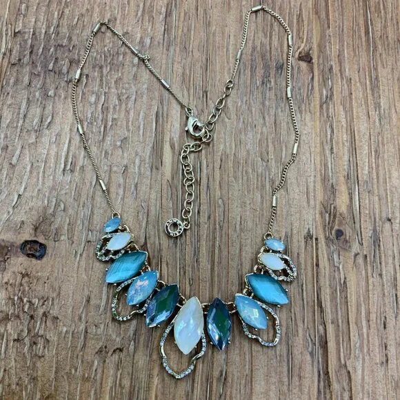 Anne Klein Gold Tone Blue Multi Petal Mother of Pearl Epoxy Necklace - Picture 2 of 6